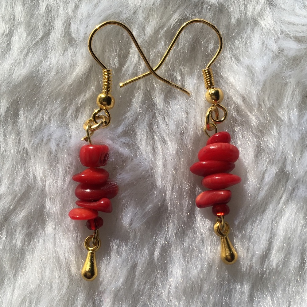 Handmade Red Coral Healing Stone Hook Earrings CCO